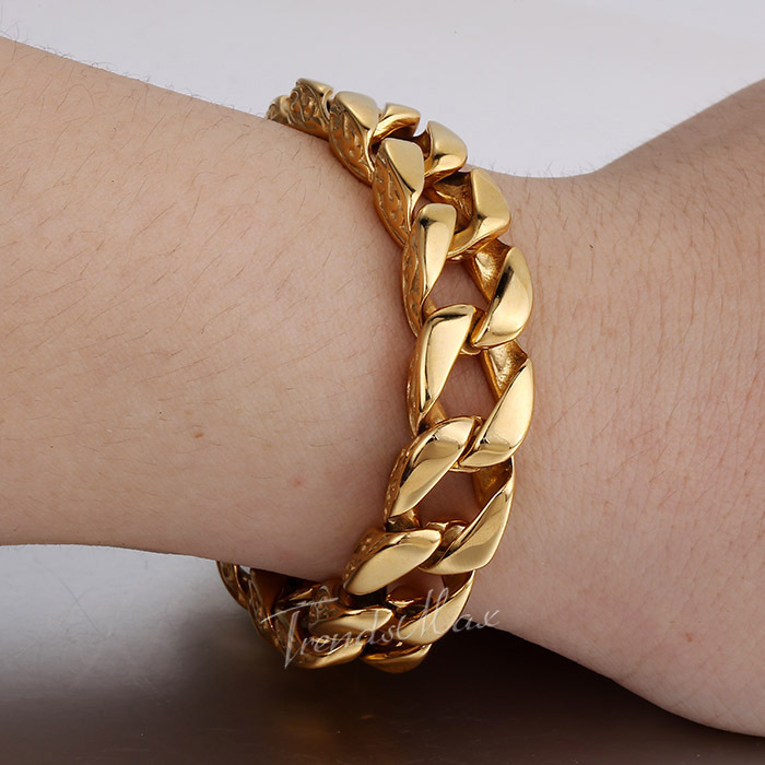 11mm Smooth Curb Link Carved Swirls Gold Tone Mens Chain 316L Stainless Steel Bracelet Customized Wholesale