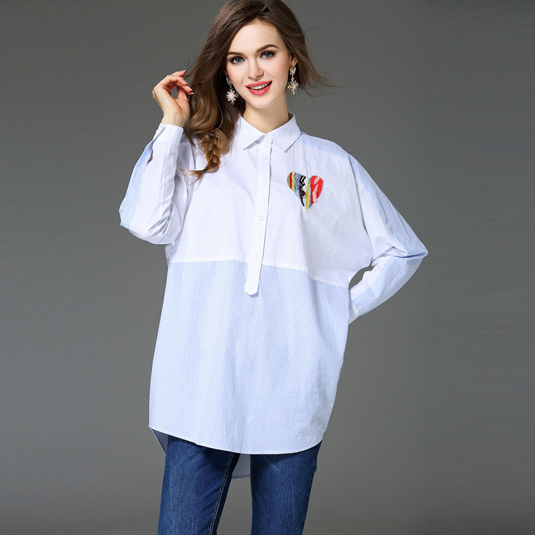2016 Europe style Spring blouse new female bat sleeve stripe color blue and white embroidered hearts cotton shirt for women
