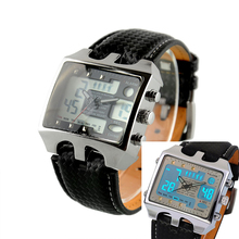 Fashion Vintage Men Rectangle Stainless Steel Case Sport Black PU Leather Band Digital Quartz Wrist Watch
