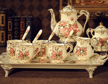 luxury European antique bone Coffee Tea 12 sets Beige Rose pattern Grilled gold Tray teapot milk