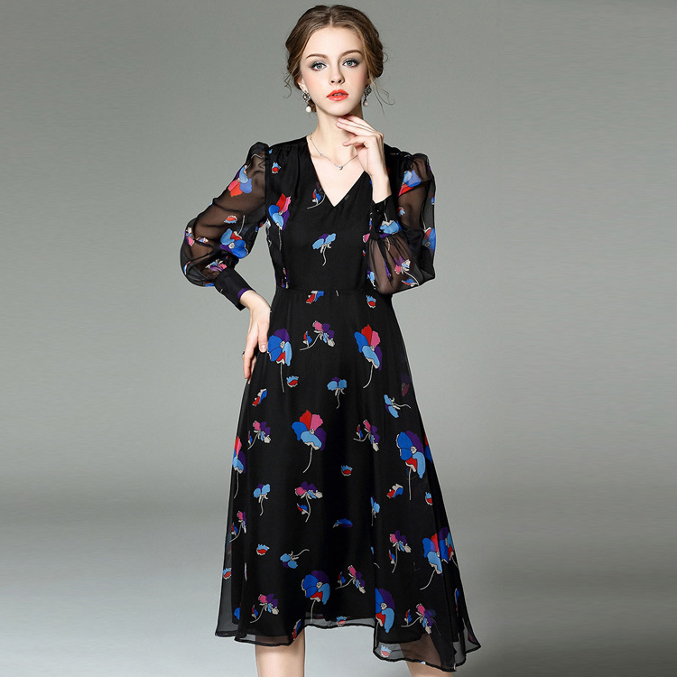 H2033 Europe station 2016 early in the spring of the new female V LED color print dress elegant temperament close waist