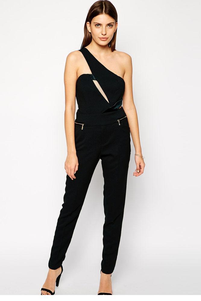 Black One Shoulder Asymmetric Cutout Jumpsuit LC60...