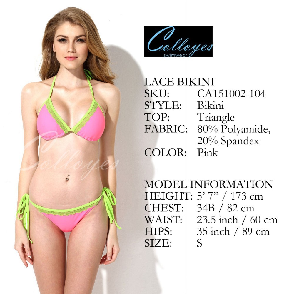 CA151002-104 Colloyes Ladies Newest Sexy Pink + Green Lace Triangle Top + Classic Cut Bottom Bikini Swimwear Lovely Candy Triangl Bikini Suit (2)