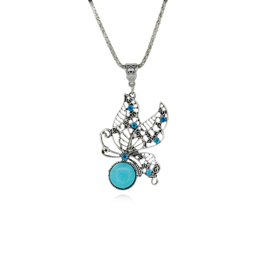 Hot Turquoise Crystal Necklace Peacock Tortoise Pendant Necklace Antique Silver Alloy Chain Vintage Jewelry Fashion For