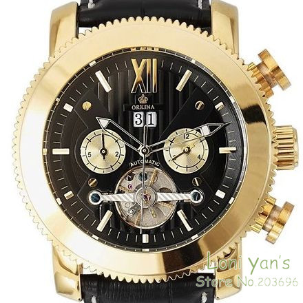 Orkina Flywheel Men Day Black Dial Gold Self-wind Wrist Mechanical Watch+Gift Box Free Ship