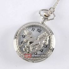 2016 Silver Hollow Horse Style Quartz Pocket Watch Steampunk Necklace Pendant Gift Watch P363