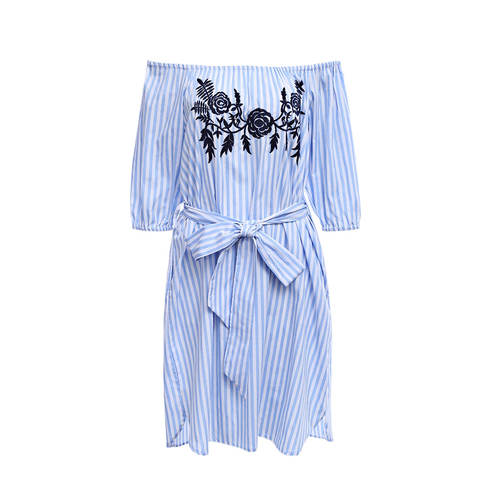 VESTLINDA Off Shoulder Blue Striped Shirt Dress Women Short Lantern Sleeve Midi Dresses Vestidos 2017 Casual Embroidery Dress 5