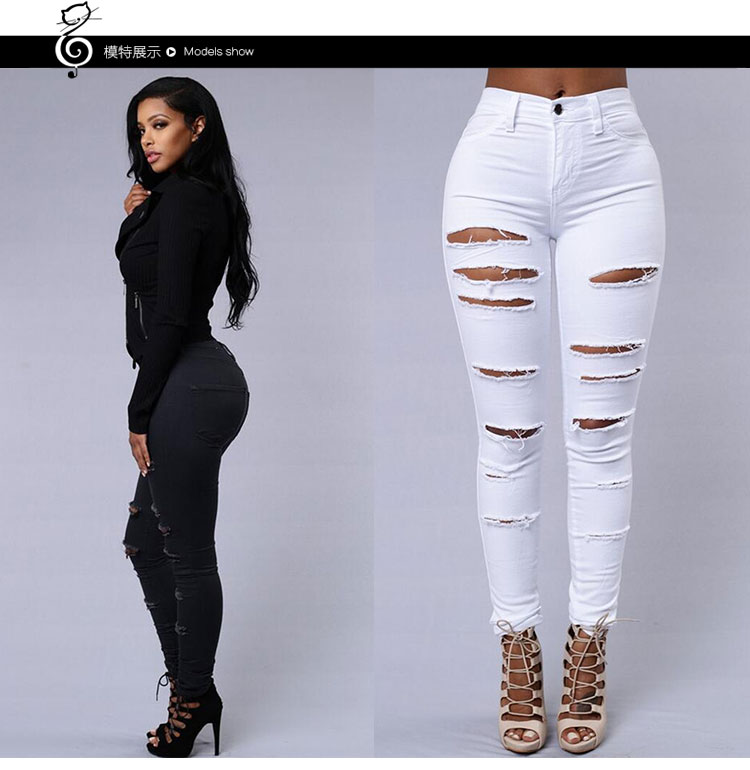 2021 Wholesale New Women Ladies Black White Ripped Denim Jeans Femme