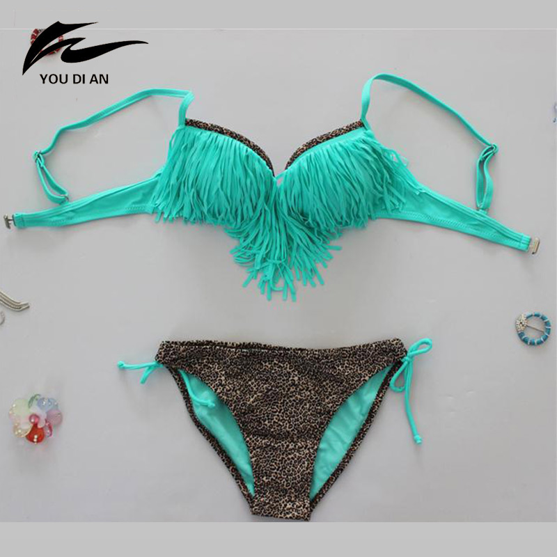 2016 bandeau Bikini Women Sexy Tassel Bikini Set Swimsuits Leopard Swimwear Beach wear maillot de bain brazilian Triangle plavky