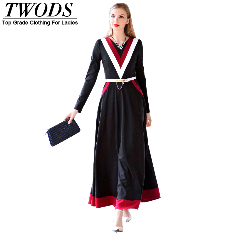 Twods 2016 Casual Tricolor V-neck Long Sleeve Maxi Dress Spring Cotton Young Ladies Flare Dresses Plus Size Clothing Femme Robes