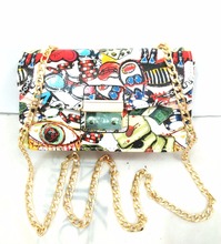 Super cute cartoon printing chain shoulder bag, summer new graffiti painted diagonal bag,women sling lock hasp bag