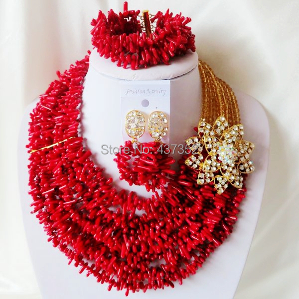 Handmade Nigerian African Wedding Beads Jewelry Set , Champagne Gold Crystal Coral Beads Necklace Bracelet Earrings Set CWS-424