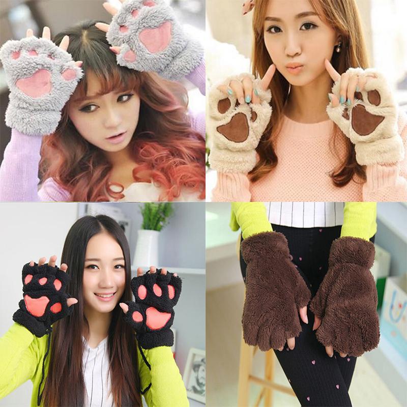 Low Price Winter Warm Women Fingerless Gloves Fluffy Bear Cat Plush Paw Fur Gloves Mittens Free