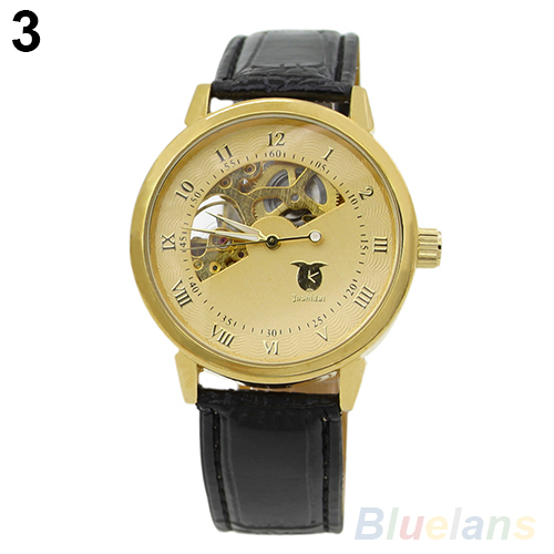Men Mechanical Skeleton Dial Stainless Steel Case Faux Leather Band WristWatches 2KJ8