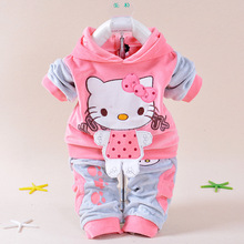 New 2015 Spring Baby Kids Set Velvet Hello Kitty Cartoon T Shirt Hoodies Pant Twinset Long Sleeve Velour Children Clothing Sets