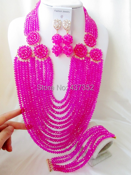 2015 New Fashion! Hot fuchsia pink costume nigerian wedding african beads jewelry sets crystal beads necklaces NC2213