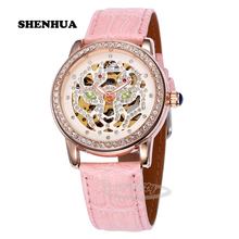 2016 SHENHUA Cool Women s Self Wind Automatic Mechanical Wrist watches Rhinestone Skeleton Waterproof Leather Strap