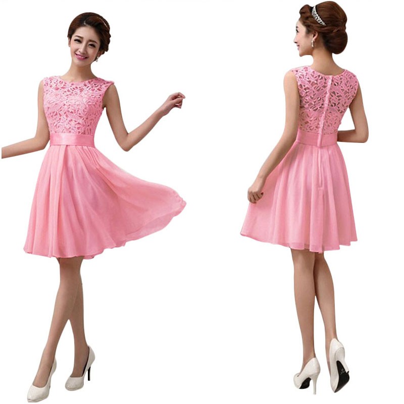 Cute Pink Chiffon Lace dresses short 2016 Vestidos De Formatura Wedding Party Bridesmaid Wear Prom Short lace Dresses Plus size (1)