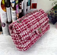 The New Wine Red Plaid Wool chain bag high grade composite Tweed Fabric handbags ladies bag