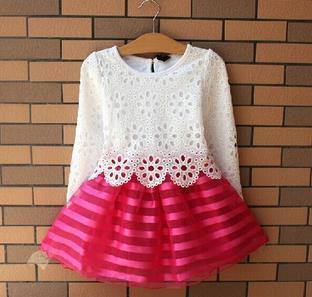 Горячая распродажа! 2015 летней девушки одевать детей девочек комплект одежды весна с длинным рукавом ну вечеринку полосатый белый розовый платье принцессы