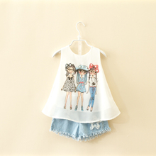toddler girl clothing 2016summer girl clothes top cartoon printed chiffon vest+denim shorts girls summer clothes toddler clothes