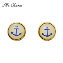 2015 Fashion Style Exquisite Metal Round With Blue Anchor Earrings For Women Summer Style Stud Earrings Accessories #E140
