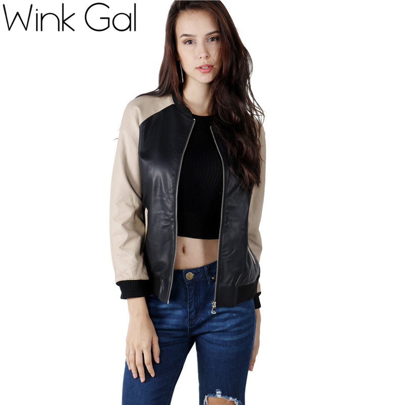 Wink Gal New Arrival 2015 Winter Autumn Leather Black Golden Patchwork Baseball Jacket Womens Jackets and