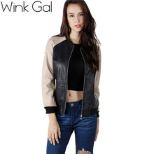 Wink Gal New Arrival 2015 Winter Autumn Leather Black Golden Patchwork Baseball Jacket Womens Jackets and