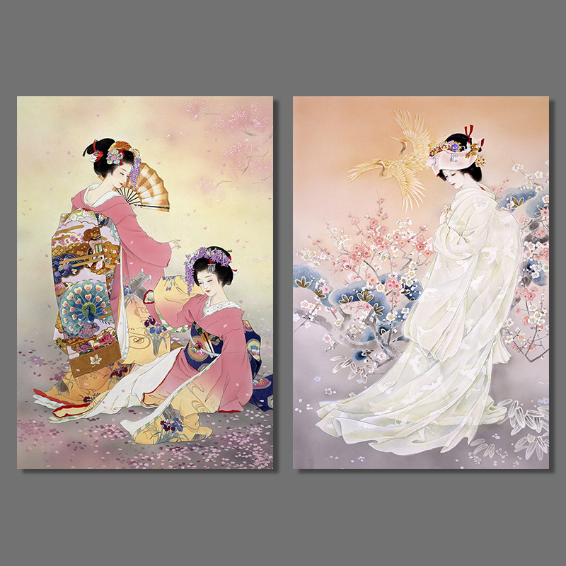 Japan style pictures decoration Plum flower pink kimono lady Canvas Painting wall Art hanging Japanese living room unframed