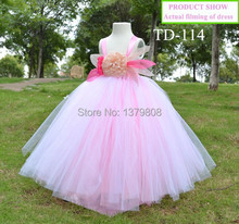 Free shipping handmade pink mix white tulle prom dress for girl flower girl dresses add fishtail corsage full lining girl dress