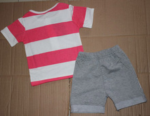 retail 2014 summer new design children clothing set for baby girl red white striped shirt gray