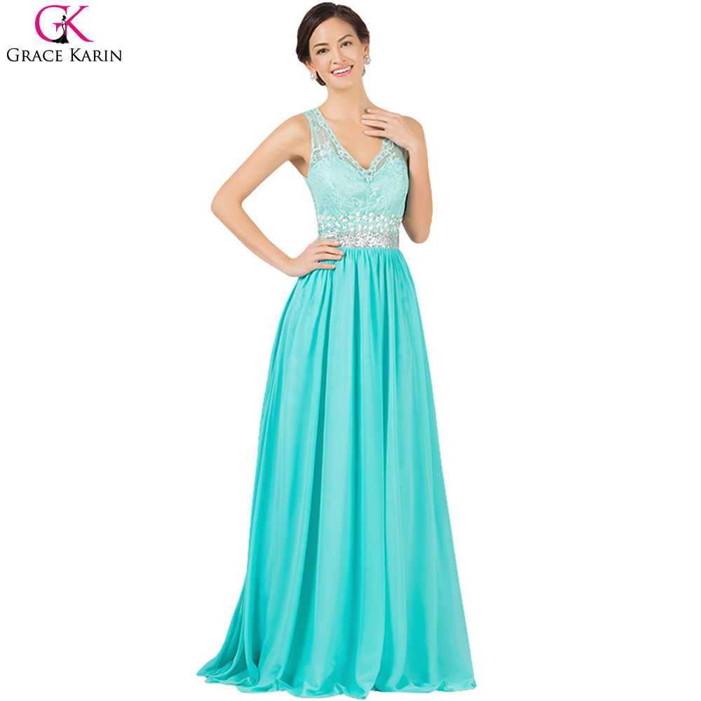 Evening Dress Abendkleider 2016 Grace Karin Long Turquoise Dresses Backless Sleeveless Banquet Formal Gown Elegant Gowns