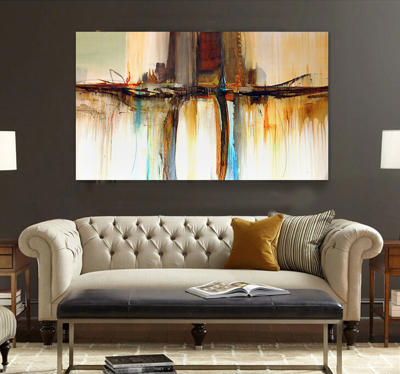 Modern brown yellow watercolor abstract hand-painted oil flowing color office original canvas wall art home decor