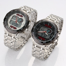 2 Colors Men Sports Solar LED Dual Display Steel Strap Quartz Wrist Watch HB88
