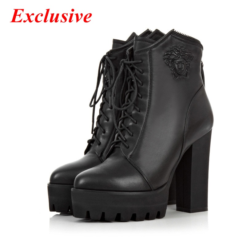 2015 Woman Thick with Ankle Boots Spring/Autumn Full Grain Leather Thick Crust Shoe High Quality Black Thick With Ankle Boots