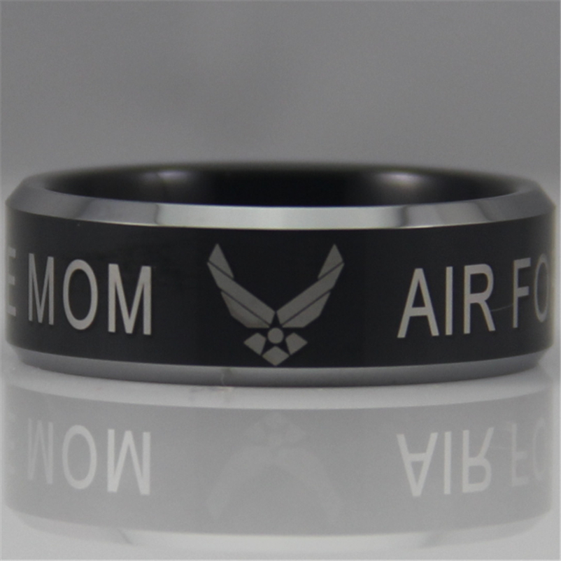 Free Shipping USA UK Canada Russia Brazil Hot Sales 8MM Military Air Force MoM Design Men's Black Tungsten Comfort Fit Ring