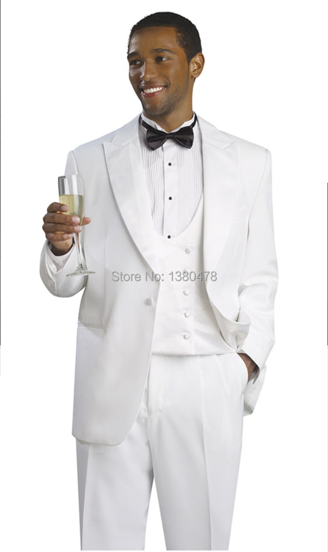Custom Made One Button Groom Tuxedos Men White suit Groomsman Peak Lapel Men Wedding/Dinner Suit(Jacket+Pants+Vest+Tie)Free Ship