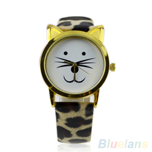 Cute Cat Face Shape preciosas niñas Dial oro borde de Color barba aleación de imitación correa de reloj de cuero para mujeres regalos 01NR