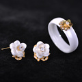 Luxury Ceramic Jewelry Sets Smooth Fine Earrings Rings Set 18K Gold Flower Finger Accessories Pin Stud