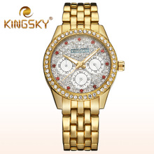2015 Kingsky Diamond 3 Dials Gold Bracelet Watch Fashion Casual Lady Chain Wristwatch Red Rhinestone Clock