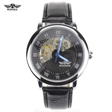 Winner Luxury Carving Skeleton Steampunk Hand Wind Mechanical Silver Genuine Leather Clasp Unisex Lover s Montre