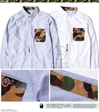 Vintage HARAJUKU Camouflage pocket male solid color long-sleeve shirt male