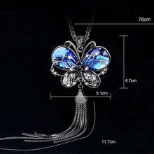 New Brand Vintage Blue Butterfly Necklace Crystal pendant necklace Zinc Alloy long Chain Fashion 2015 Women