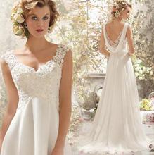 New A Line Embroidery V Neck Tank Sleeveless Sweep Train White Satin Bridal font b Wedding