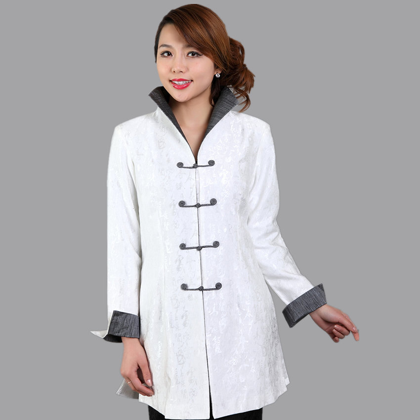 High Quality White Women's Long Jacket Traditional Chinese style Coat Flowers Mujer Chaqueta Size S M L XL XXL XXXL Mny004A