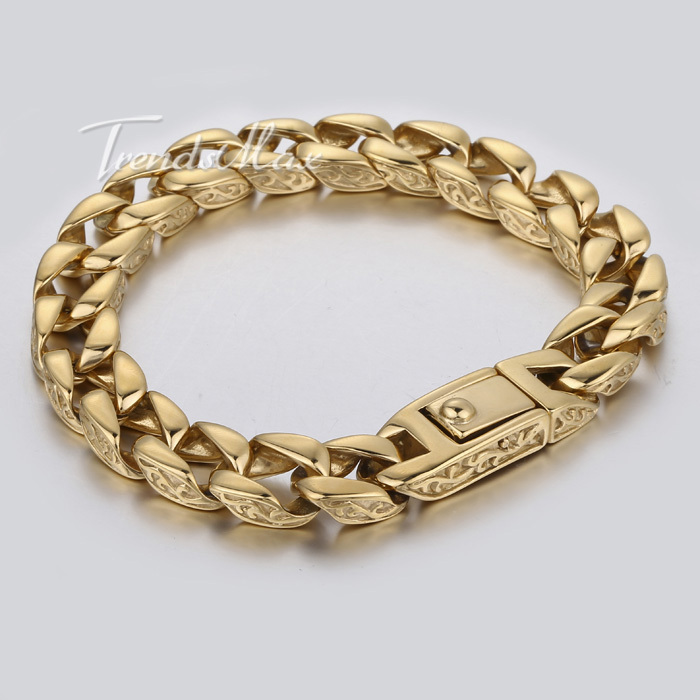 11mm Smooth Curb Link Carved Swirls Gold Tone Mens Chain 316L Stainless Steel Bracelet Customized Wholesale