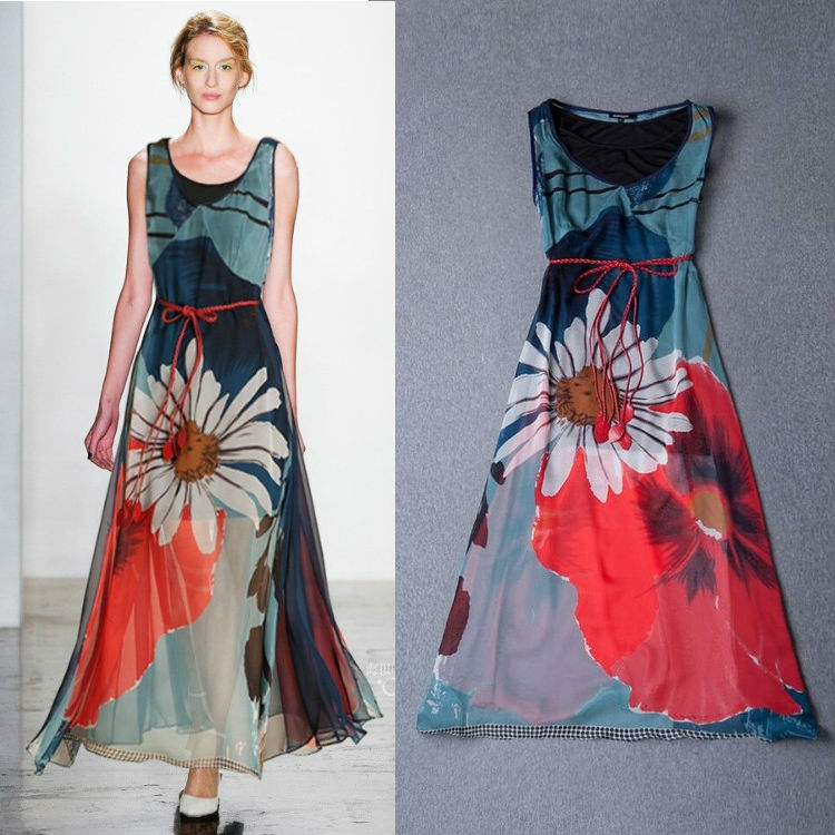 Free shipping Runway 2014 Stunning Printed Long Silk Dress 140308Z01