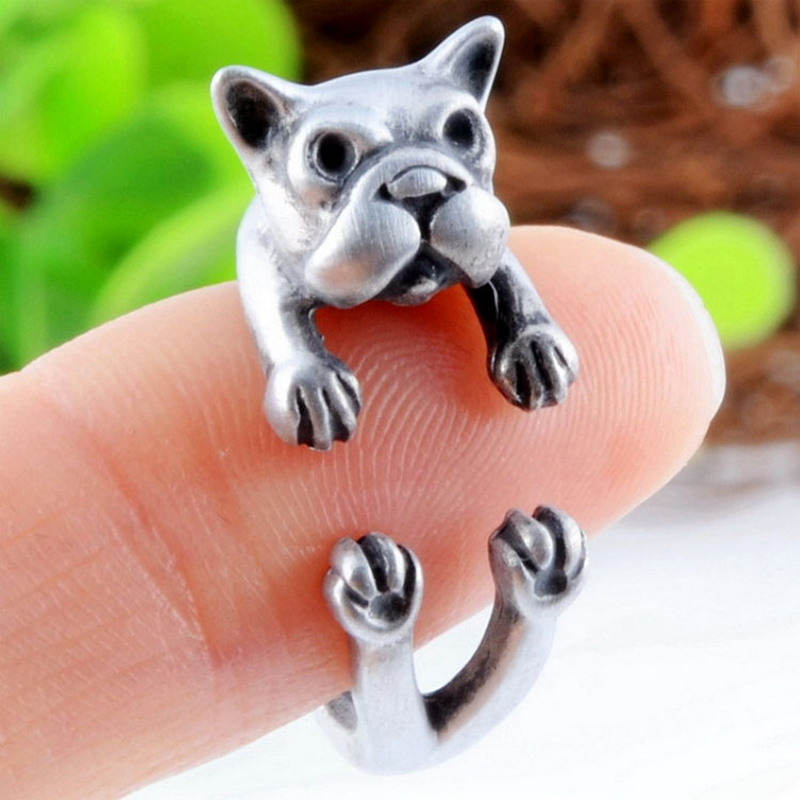 2015 Hot Antique Silver Plated Cute Dog Animal Design Adjustable Size Ring French Bulldog Animal Rings