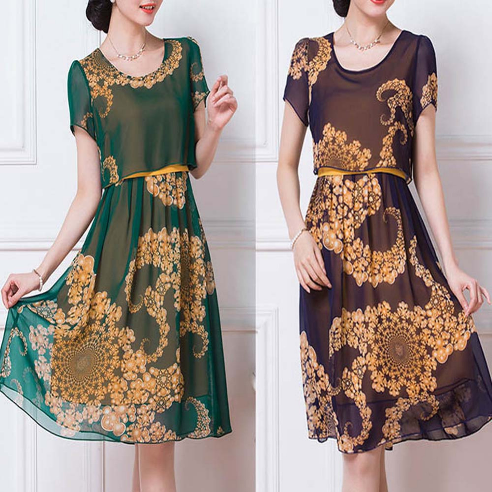 2016Summer New Arrival Plus Size Summer  Women's Dress  Short-sleeve Chiffon One-piece Dress Fashion Print Mid-long Vestidos