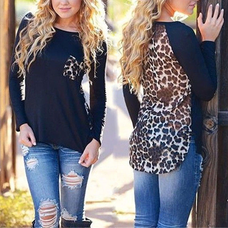 2016 New Spring Loose Plus Size Leopard Chiffon Blouse for Women Lady Long Sleeve Blouse Casual Tops Pocket Design J6123